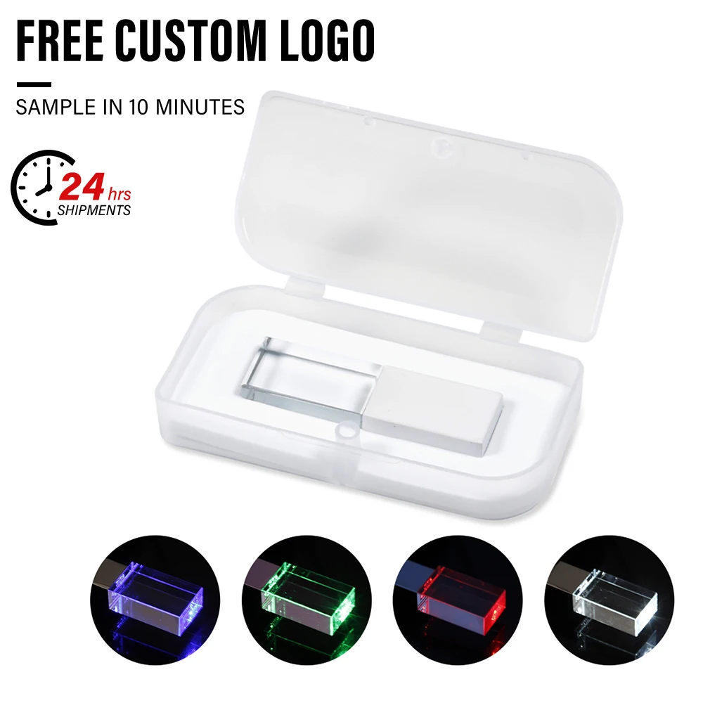 

USB-флеш-накопитель с бесплатным логотипом, 128 ГБ, свадебный подарок, 64 ГБ, светодиодный кристаллический флэш-накопитель, 32 ГБ, пластиковая коробка, флэш-накопитель, 16 ГБ U-диск