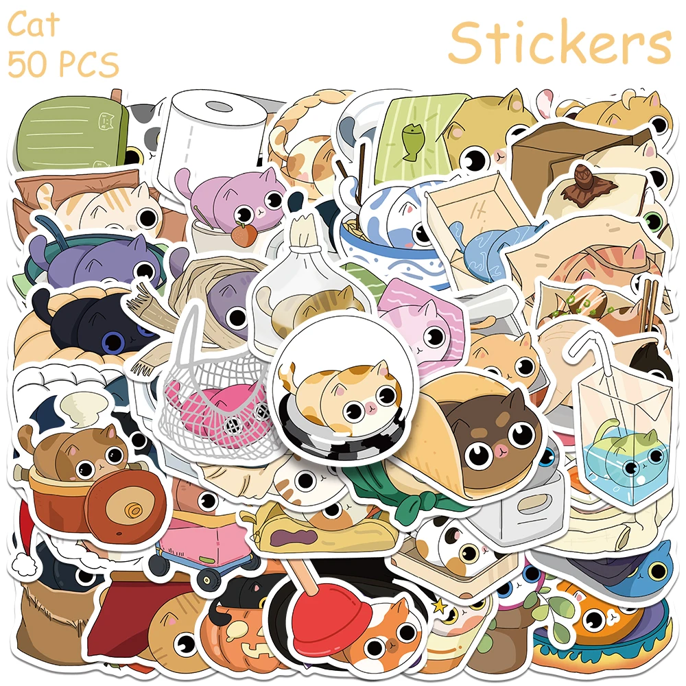 50pcs Cartoon Cute Cat Stickers For Phone Laptop Scrapbook Refrigerator Wall DIY Aesthetic Waterproof Stickers Creative Gifts