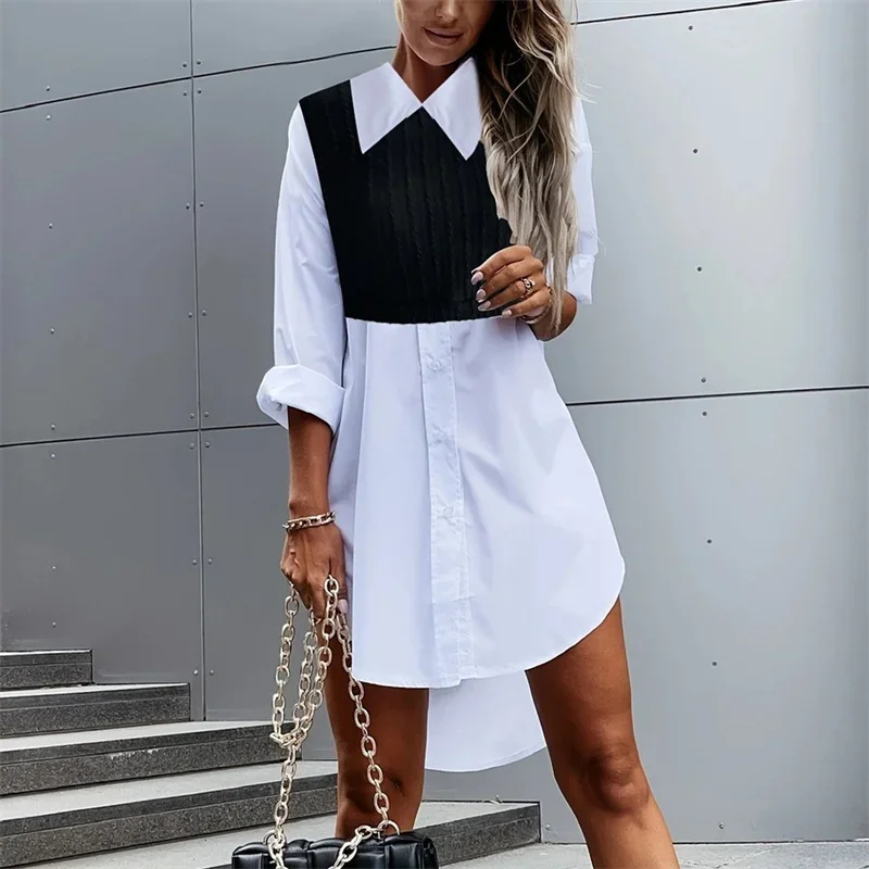 Elegant Colour Blocking High Waist Women Dresses Lapel Long Sleeve Button Splicing Hem Gown Autumn Female Office Commuter Dress