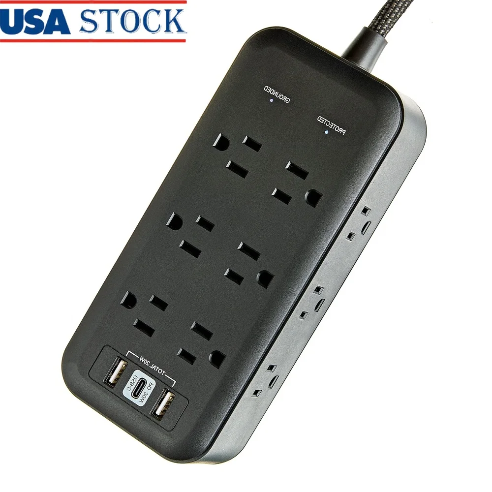 

Устройство защиты от перенапряжения на 12 розеток с 3 USB-портами Быстрое зарядное устройство Удлинитель 2440J Низкопрофильная вилка Плетеный шнур длиной 10 футов для внутреннего использования