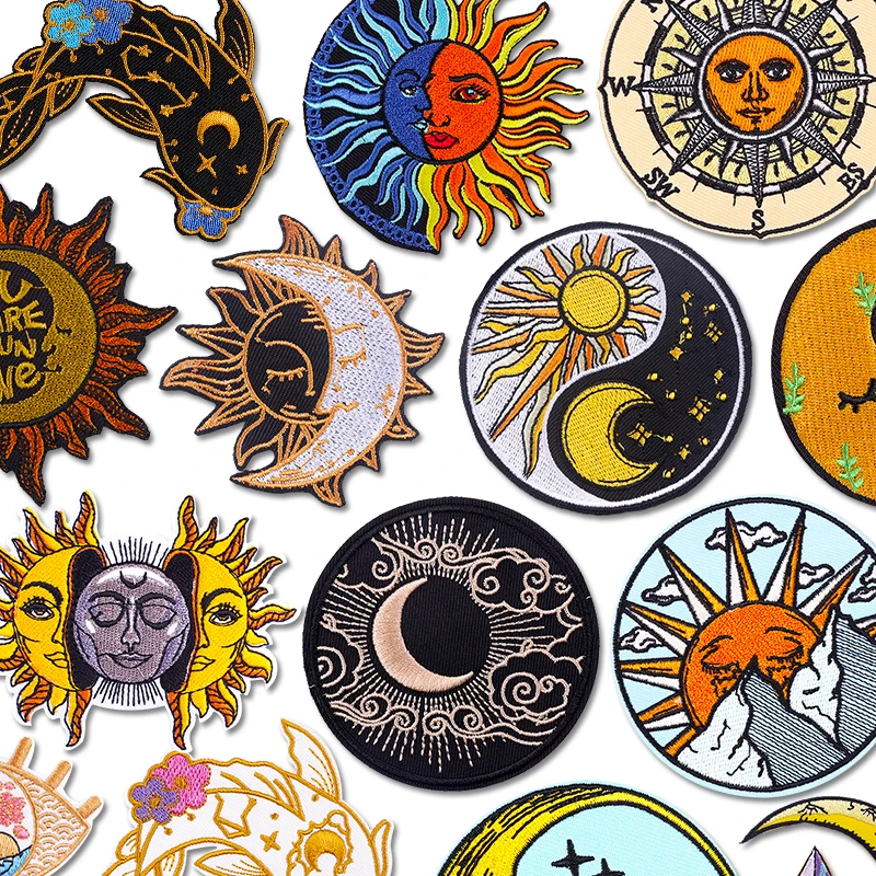 Cartoon Sonne Mond Gestickte Patch Eisen Auf Patches Für Kleidung Thermoadhäsive Patches Für Kleidung Jeans Rucksack Stickerei DIY
