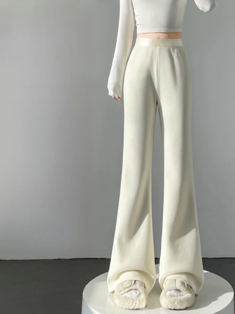 Weiße, mit Fce gefütterte, gestrickte Wollhose mit weitem Bein für Damen, Herbst und Winter, hohe Taille, elastischer Verschluss, hohe Faion-Freizeithose