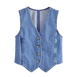 Women Fashion Front Button Denim Waistcoat Vintage V Neck Sleeveless Female Outerwear Chic Vest Tops