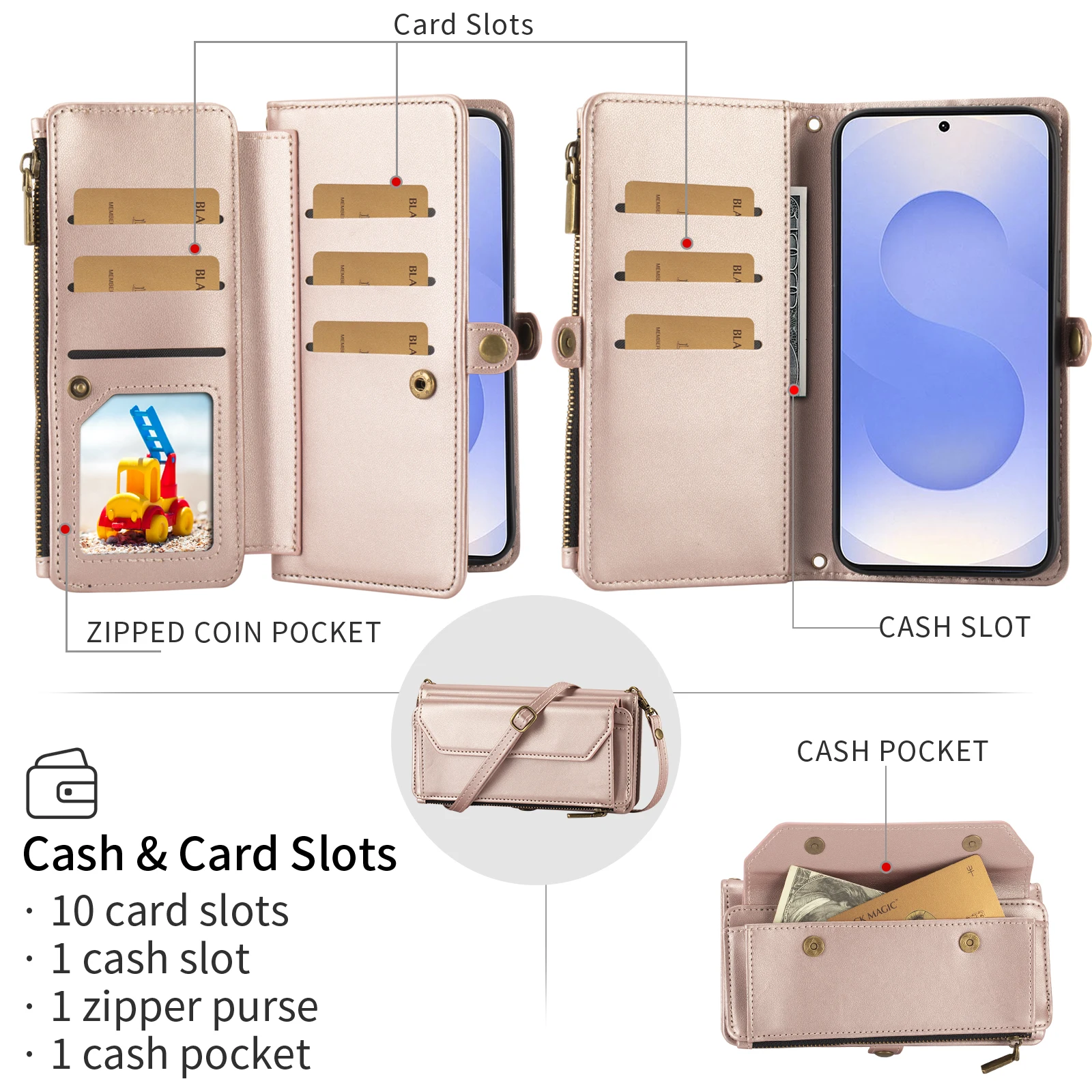 Handyhülle im Wallet-Stil für Samsung A17/A16/A15/A14/A13/A26/A36/A55/A56/A57 mit Umhängegurt, mehreren Kartenfächern und Münzfach, Handyhülle aus Kunstleder – Detail 8