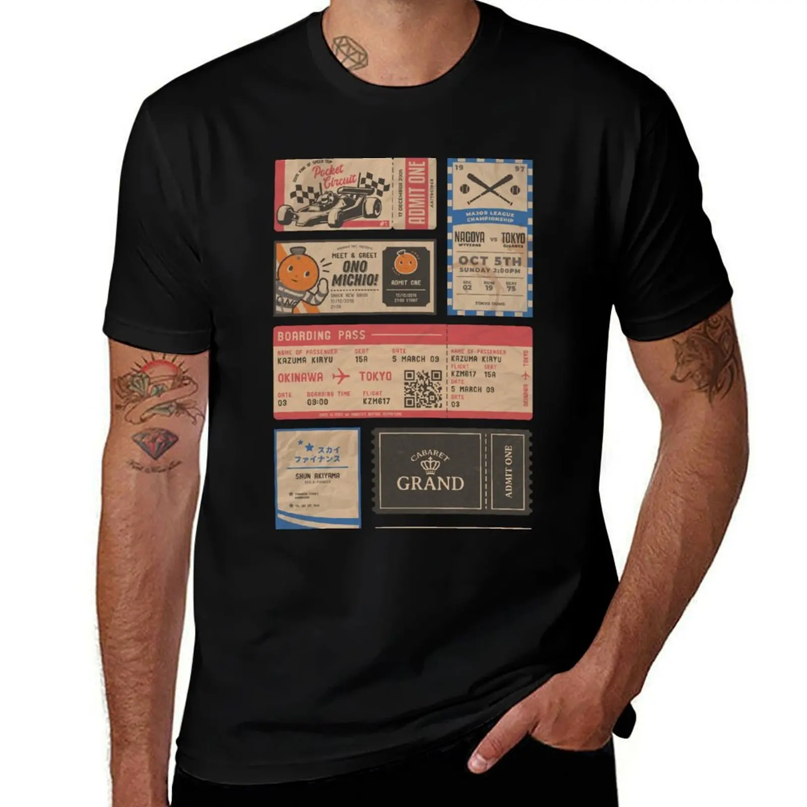 vintage tickets (yakuza / ryu ga gotoku) T-Shirt Retro Style Print Casual Top T-Shirt