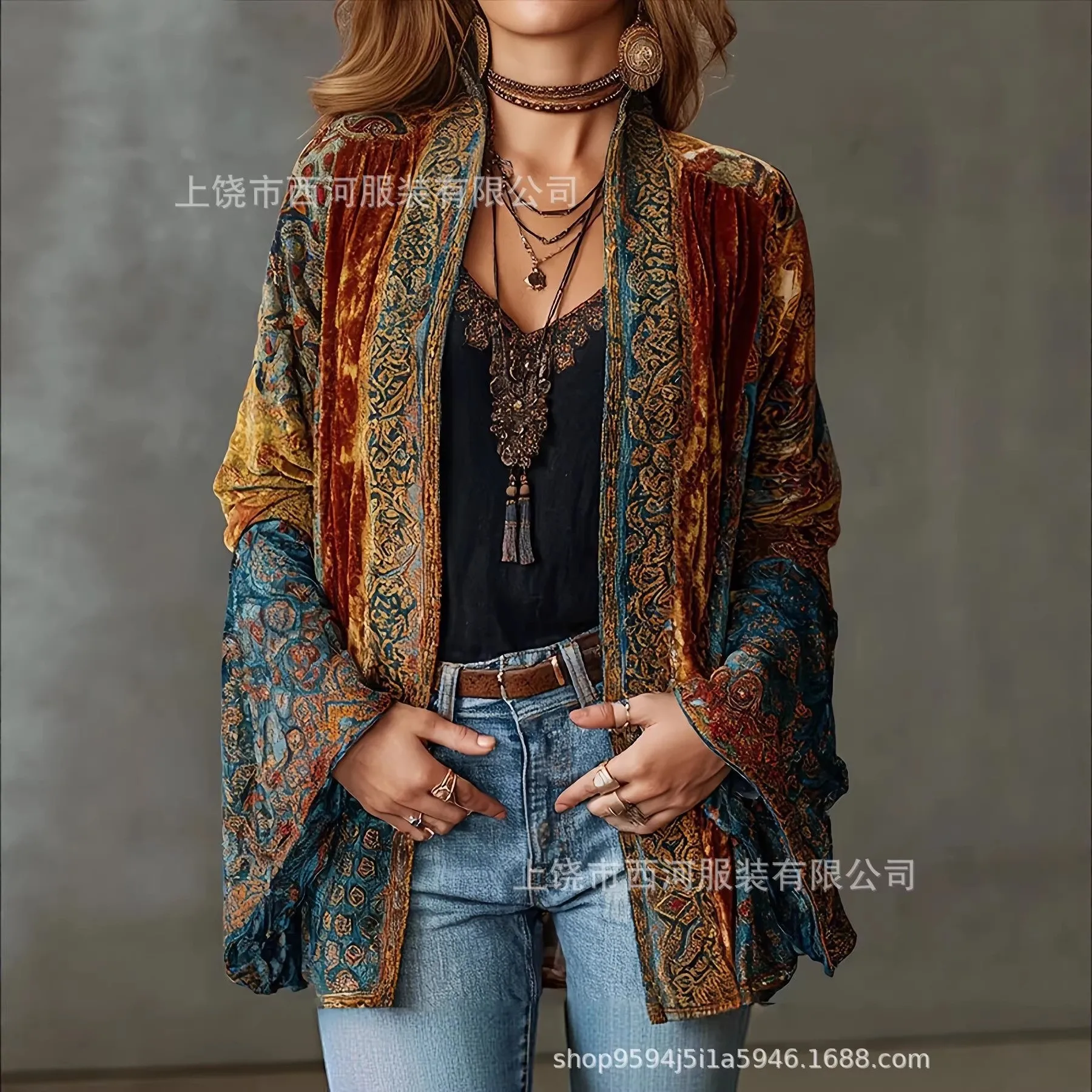 Bell Sleeve Printed Jackets Regular Length Elegant with Stand Collar Streetwear Elegant Style Loose Fit 3D Pattern Women Jacket