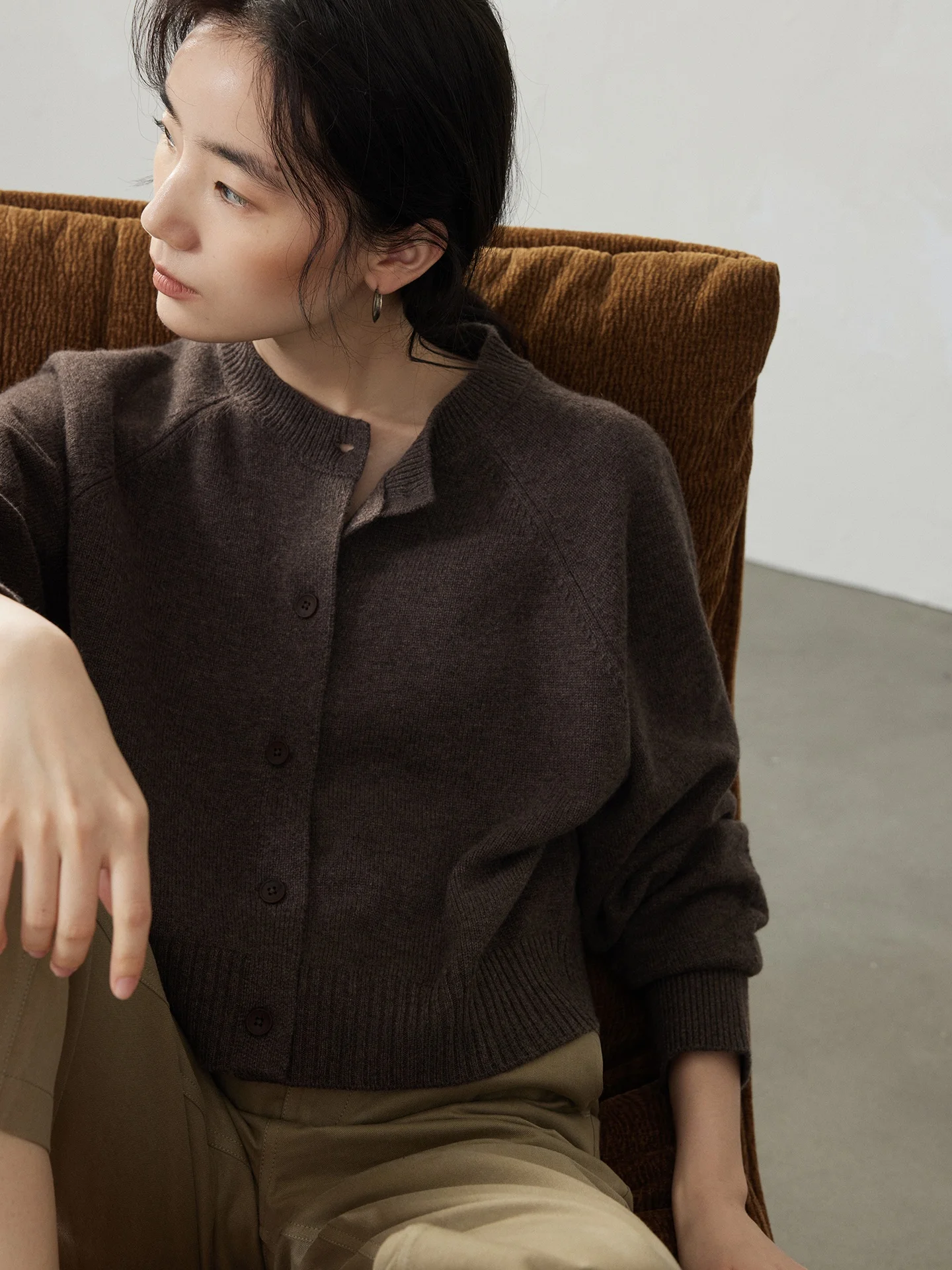 

Ele Slim Fit шерстяной вязаный кардиган круглый Ne открытый свитер спереди осенний модный женский повседневный топ с длинным свеком