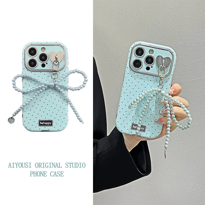 

Blue Polka Dot Bow Pendant for Apple 15pro Phone Case iphone14promax Leather 13promax Simple 12 Anti-Shock 11 Premium Sense