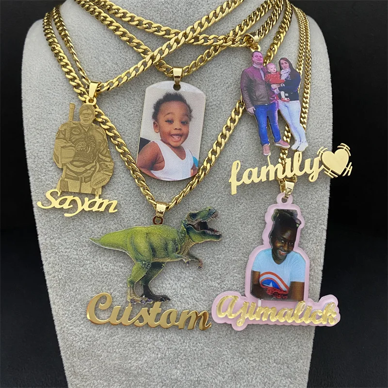 

Custom Photo Name Necklace Gold Cuban Chain Acrylic Picture Personalized Pendant Cartoon Customized Charm Jewelry Memorial Gift