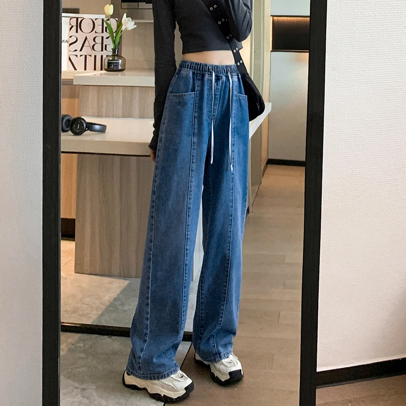 L-6XL حجم كبير الجينز امرأة عالية الخصر ربيع 2025 جديد وصول الأزرق اللون الجينز للنساء واسعة الساق فضفاض السراويل الإناث السراويل #5