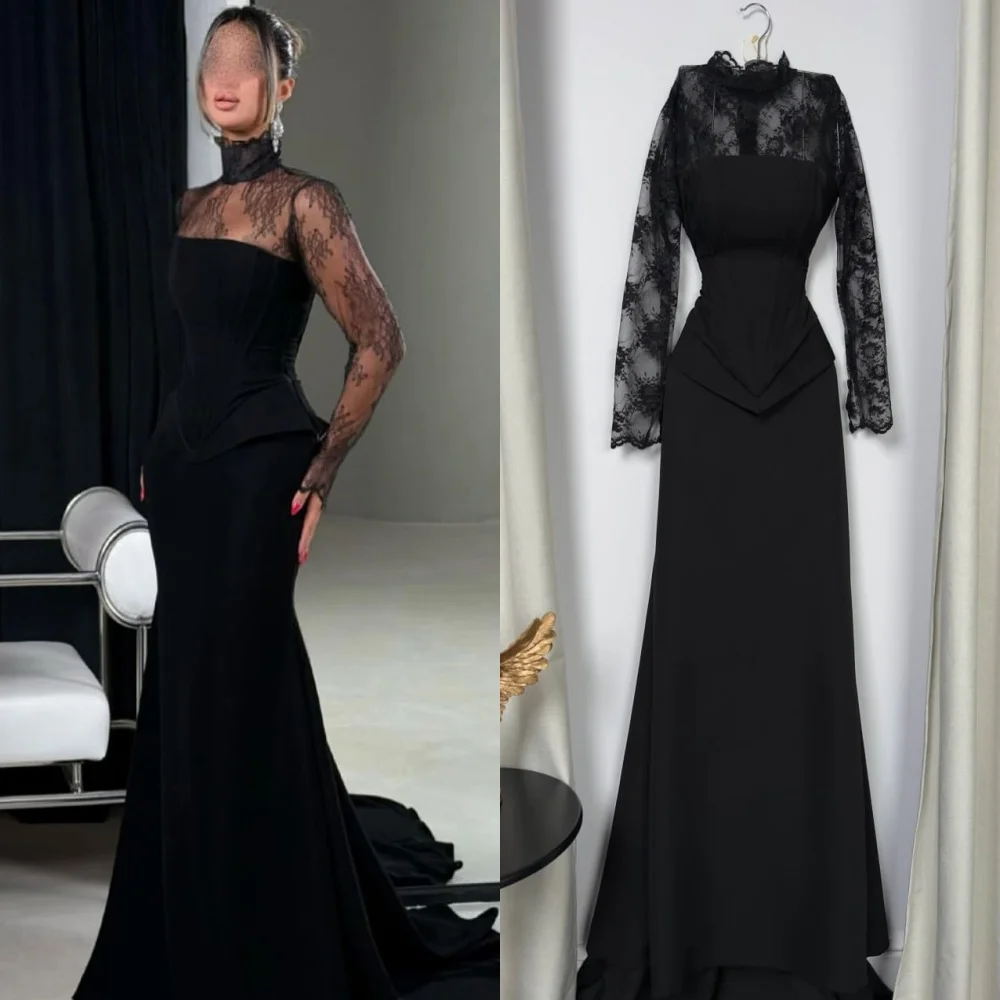 

Customized Fashion Matching Jersey Lace Button Pleat Mermaid High Collar Long Dresses Bespoke Occasion Dresses Formal Exquisite