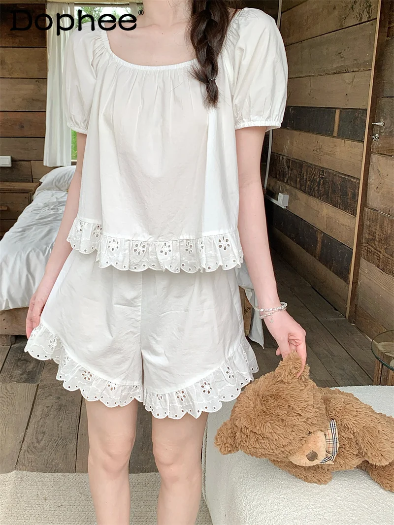 

2025 New Cotton Linen Short-sleeved Pajamas Women's Summer Simple White Lace Thin Skin-friendly and Breathable Loungewear Set