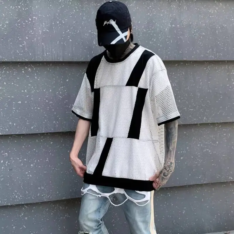 HKSH Summer New Men Tide Korean Stylish Patchwork Mesh Short-Sleeve T-shirt Casual Versatile Color-Block Trendy Tees Top HK22380
