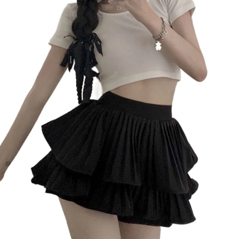 

Women Double Layer Tiered Ruffle Hem Pleated A-Line Shorts Skirt Punk Solid Summer High Waist Loose Skater Skort Streetwear