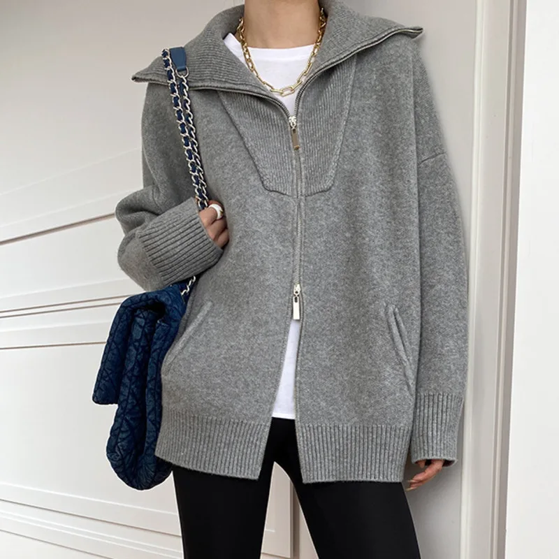 HKSH Autumn Winter New Women Sweater Cardigan Double Zipper Turn-Down Collar Knitted Casual High Street Elegant Ins Coat HK11639