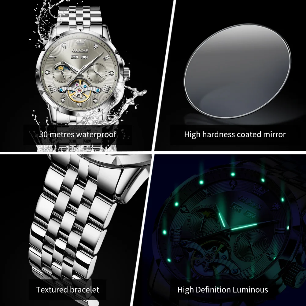 男性用機械式フライホイールウォッチ,高級時計,日付,自動,ムーンフェイズ,発光,防水,オリジナルブランド,OLEVS-6691