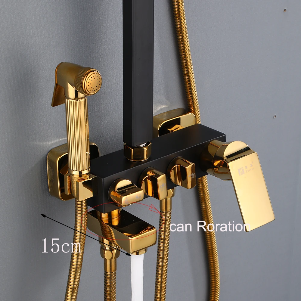 Black Gold Shower Faucet Set Rainfall High Quality Bathroom Mixer Tap Bathtub 4-way with Bidet and Shelf