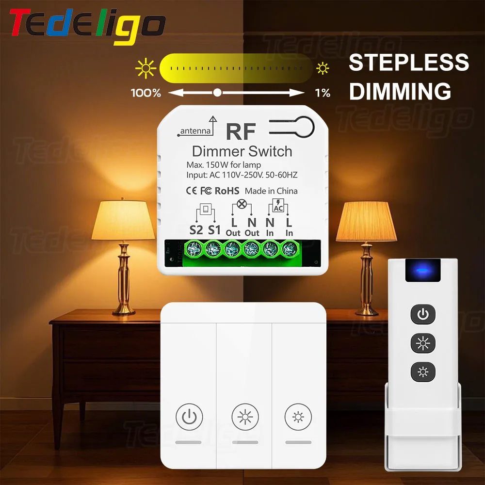 433 MHz 220 V LED-Dimmerschalter, Helligkeit einstellbares Modul, unterstützt 2-Wege-Steuerung, Drucktastenschalter für 10–150 W LED und Halogen – Detail 1