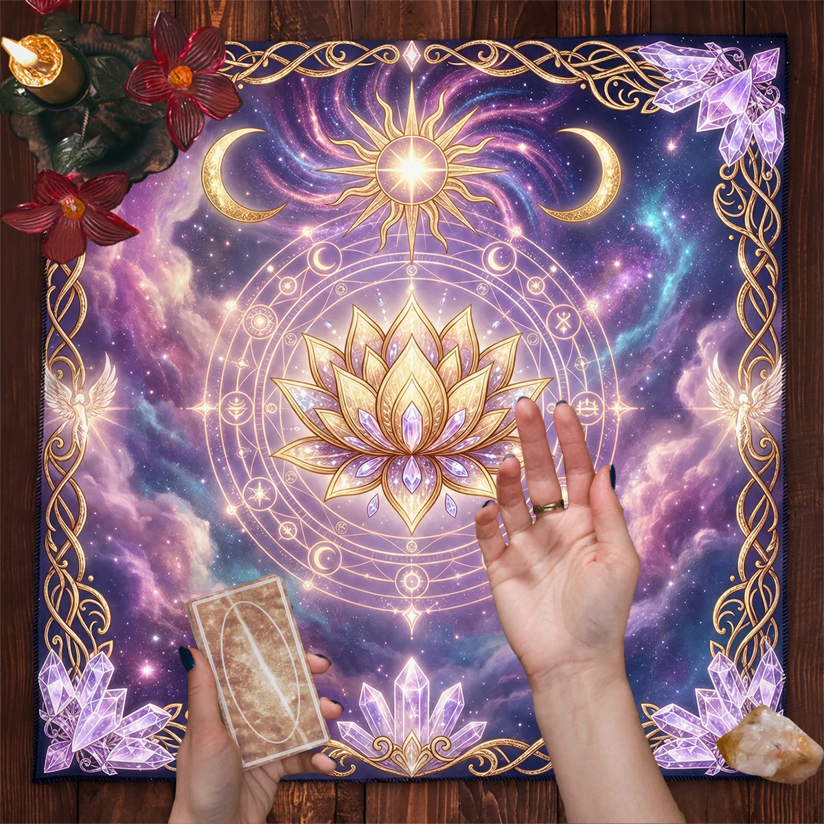 Tarot Tablecloth Mat Crystal Lotus Altar Cloth Divination Meditation Moon Phase Starry Sky Tarot Mat Spiritual Oracle Card Pad
