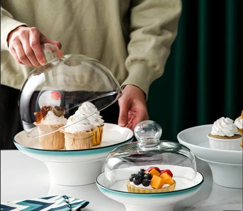 

Nordic High-footed Fruit Plate Snack Dessert Cake with Cover Decoration Home Kitchen Ceramic Tableware