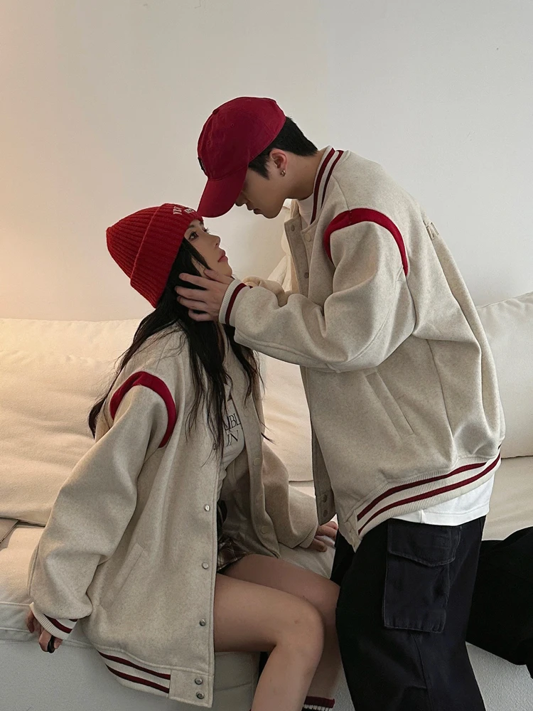 Casual Versatile American Style Baseball Jacket Couple Matching Autumn Winter Loose Woolen Embroidery Men's Women's Outerwear