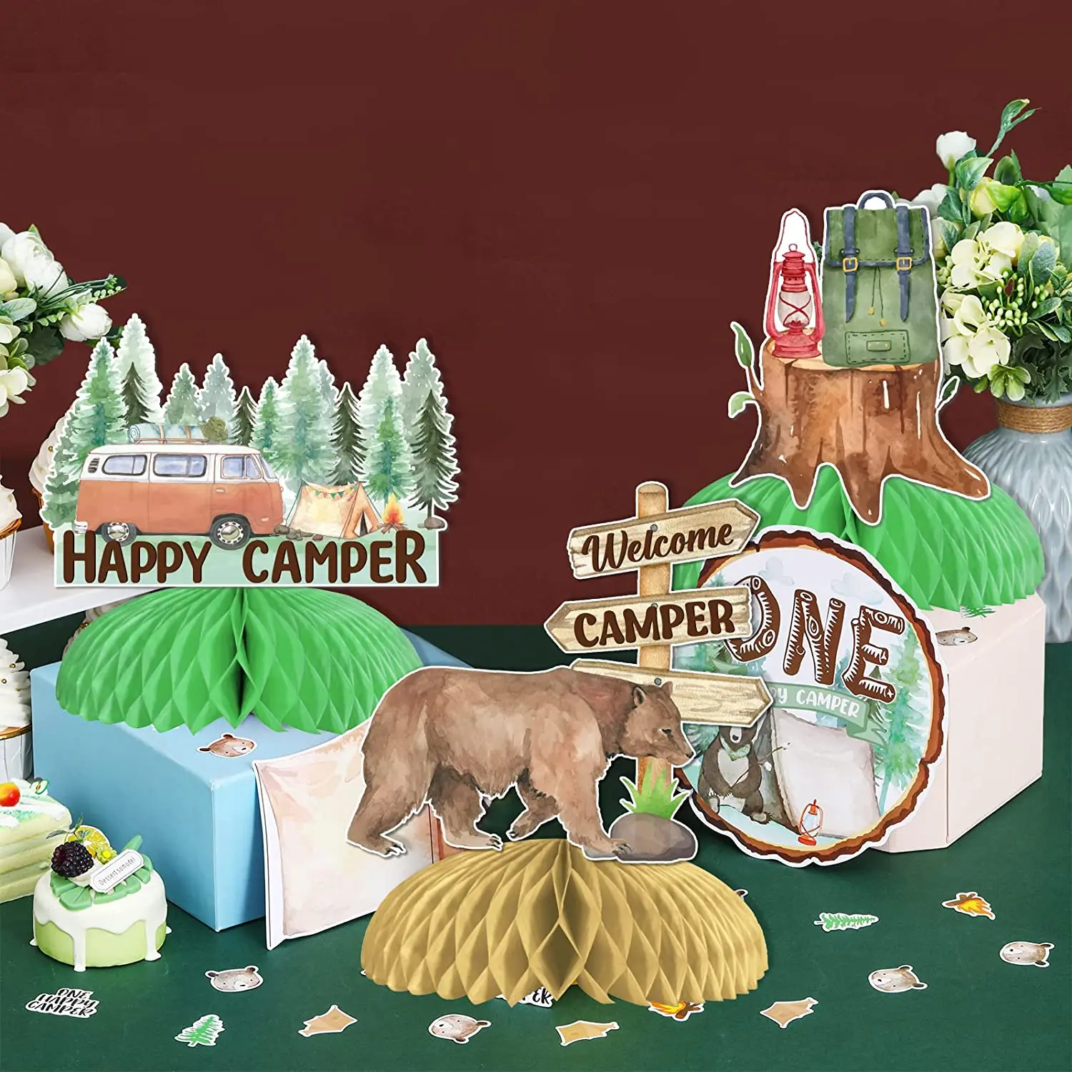 One Happy Camper Honeycomb Centerpieces for Table Decoration, Camping, 1st Birthday Decorations, Table Decor