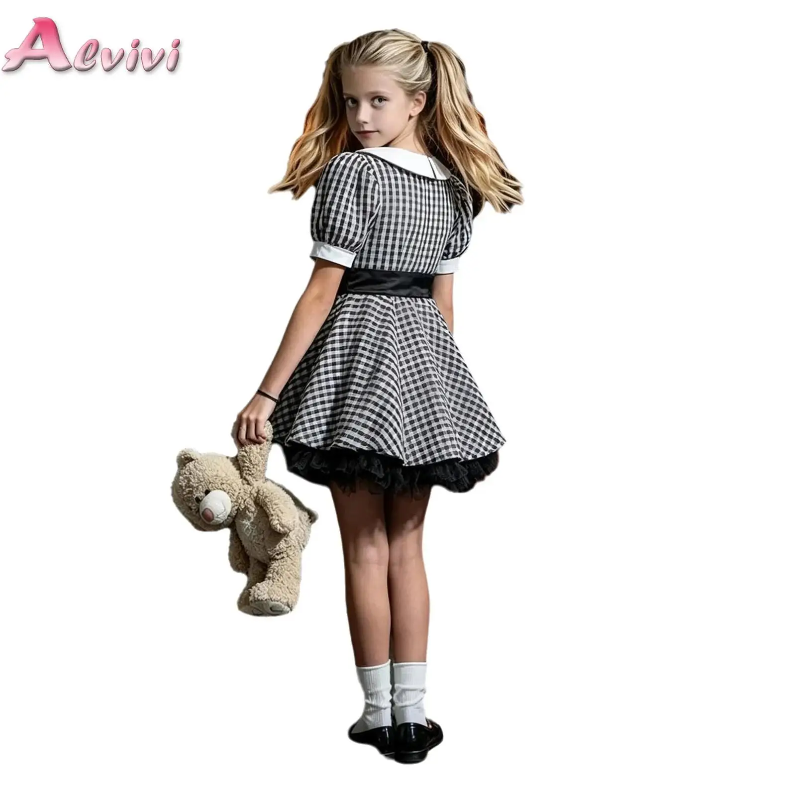 Kids Girls Horror-themed Costume Lapel Puff Sleeves Buttons Decoration Plaid Layered Dress for Halloween Party