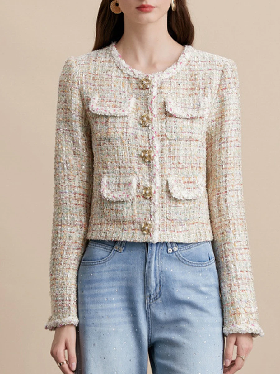 VGH التخسيس سترات قصيرة أنيقة للنساء جولة الرقبة طويلة الأكمام تقسم زر الخريف مزاجه سترة الإناث موضة جديدة