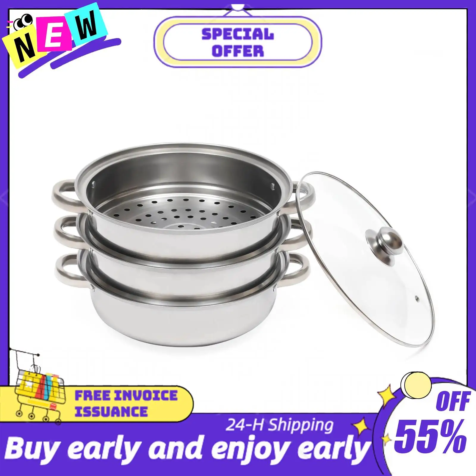 Casserole vapeur en acier inoxydable à 3 niveaux, grande capacité, multifonctionnelle, empilable, pour cuisinière à induction et à gaz