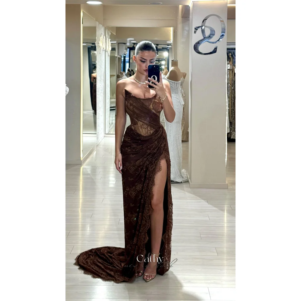 

Cathy индивидуальное шоколадно-коричневое кружевное платье для выпускного без бретелек-футляр с высоким разрезом по бокам, платья de noiva, вечерние платья со шлейфом