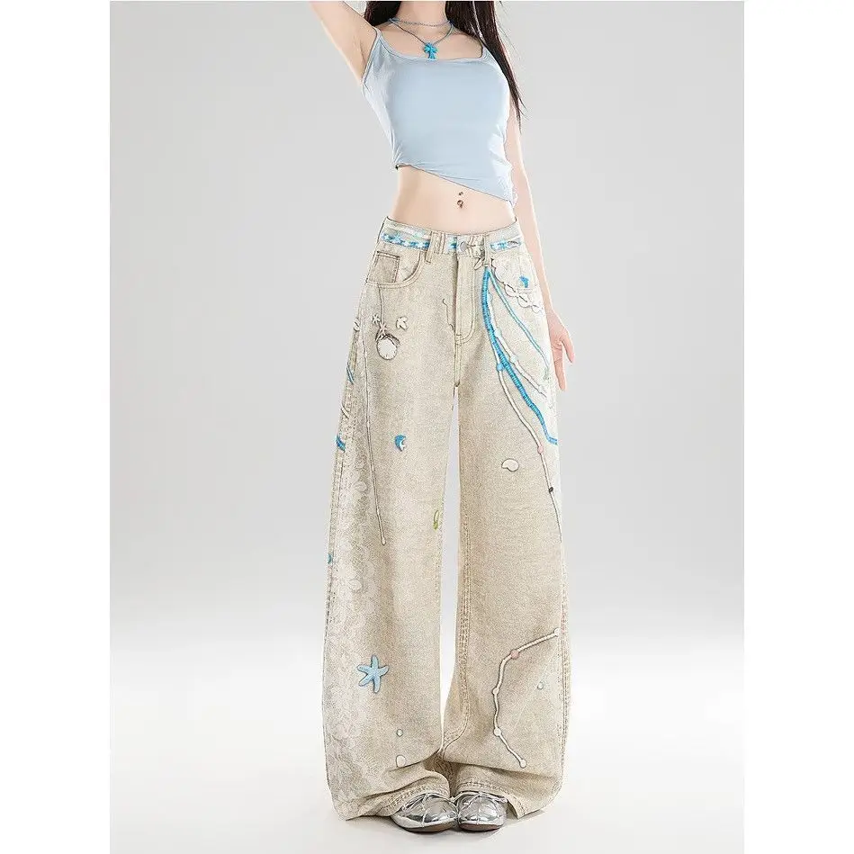 American Style Women's Jeans Summer New Chain Lace Print Design High Waist Loose Slimming Wide Leg Pants Alternative Fashion