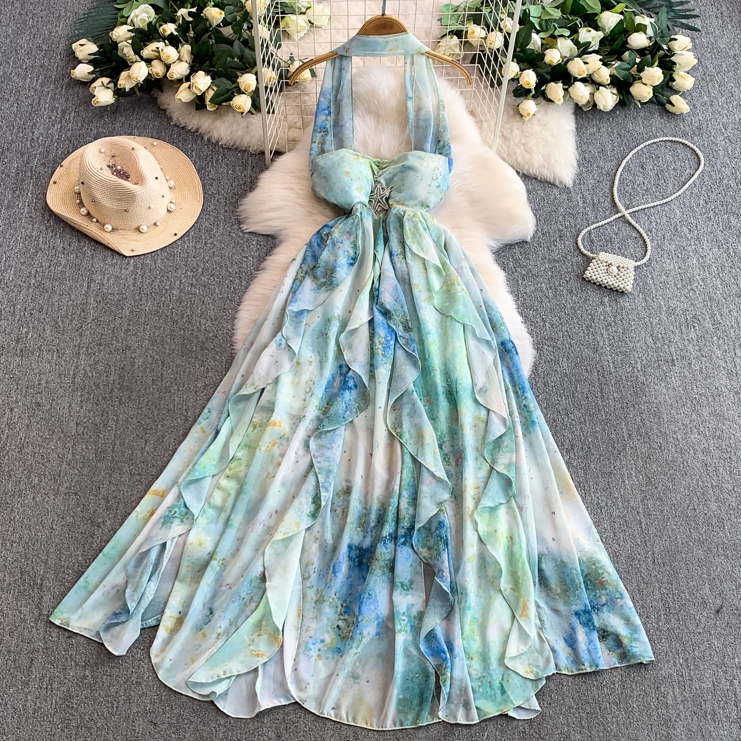 

Chic vintage backless print sleeveless Elegant Fairy korean fashion autumn Party women clothing