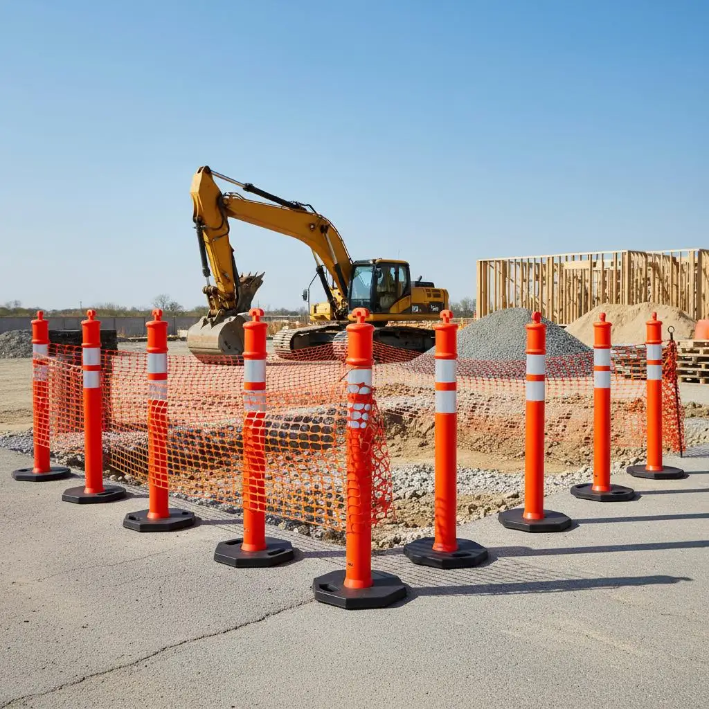 

Traffic Safety Bollards 48 inches For Construction Site Parking Lot Crowd Control, 9 Pack Weighted Base Reflective Strips Hea