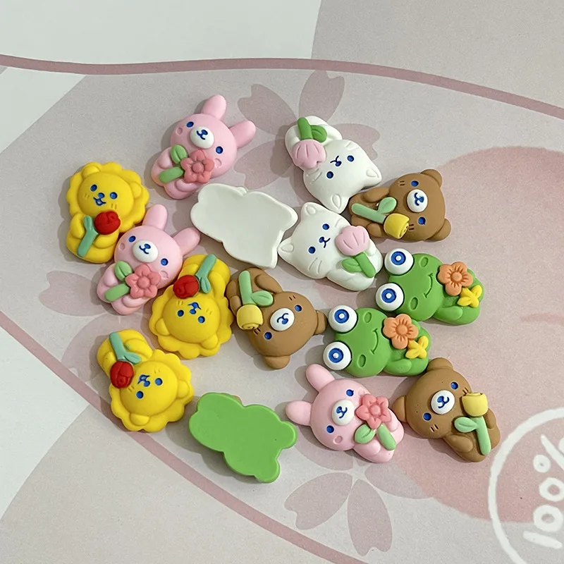 10Pcs Kawaii Flower Bear Rabbit Frog Flatback Resin Cabochon for Hair Bows Center DIY Scrapbooking Decoration Craft