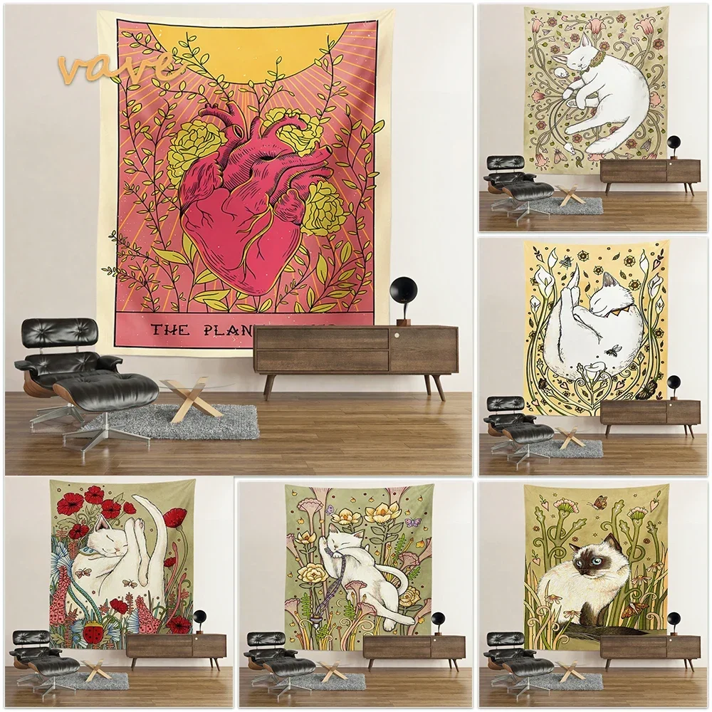 Tapiz estético de cartas de Tarot de gato para colgar en la pared, tela bohemia Hippie, sol, Luna, estrella, tapiz grande, decoración Interior para dormitorio y dormitorio