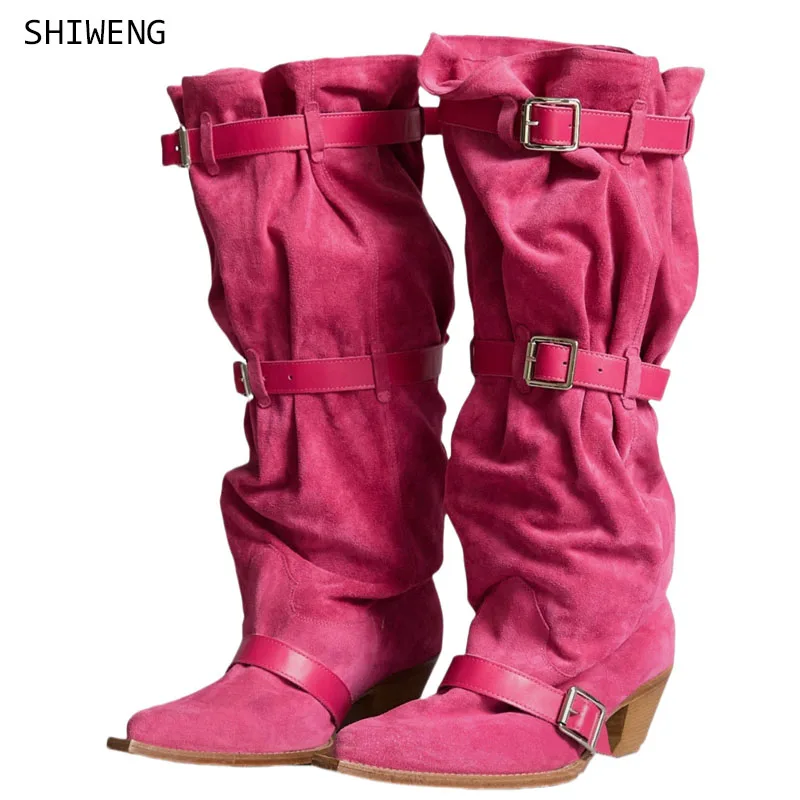 

Women Hot Pink Suede Western Cowboy Boots Pointed Toe Boots Low Block Heel Multi Buckle Strap Slouchy Mid Calf Boots 43