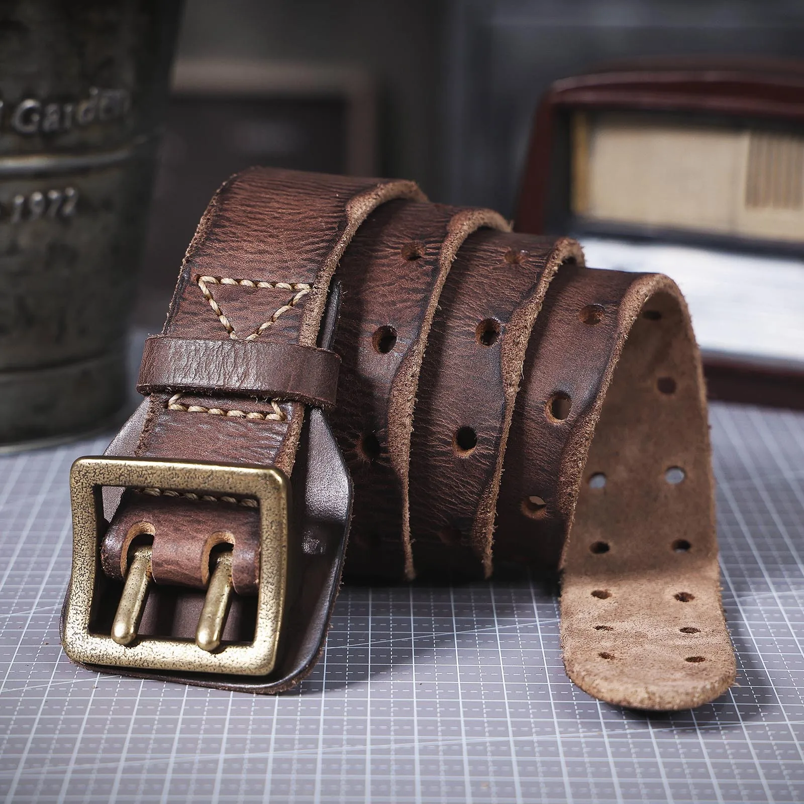 

3.8cm Brass Double Pin Buckle Cowskin Men's Retro Belts Male Jeans Genuine Leather Trouser Luxury Designer Waist Strap Belt