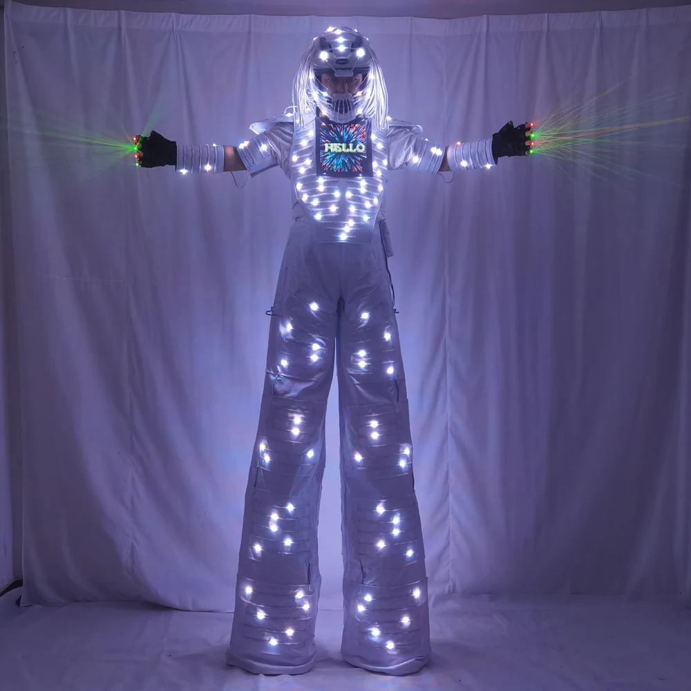 Pixels LED Robot traje disfraz ropa a todo Color pecho inteligente pantalla Stills andador láser guante casco