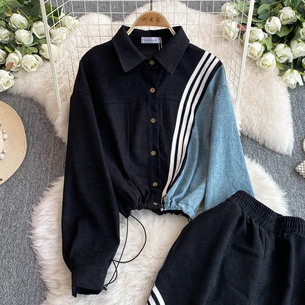 Autumn Winter Denim Pants Set Fashion Temperament Denim Splicing Design Jacket + Wide-leg Striped Pants Clothing Suits