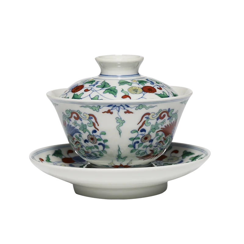 Guanfu Museum Imitation of Ming Dynasty Chenghua Doucai Group Phoenix Pattern Cover Teacup Master Cup Jingdezhen Tea Set Hand-Pa