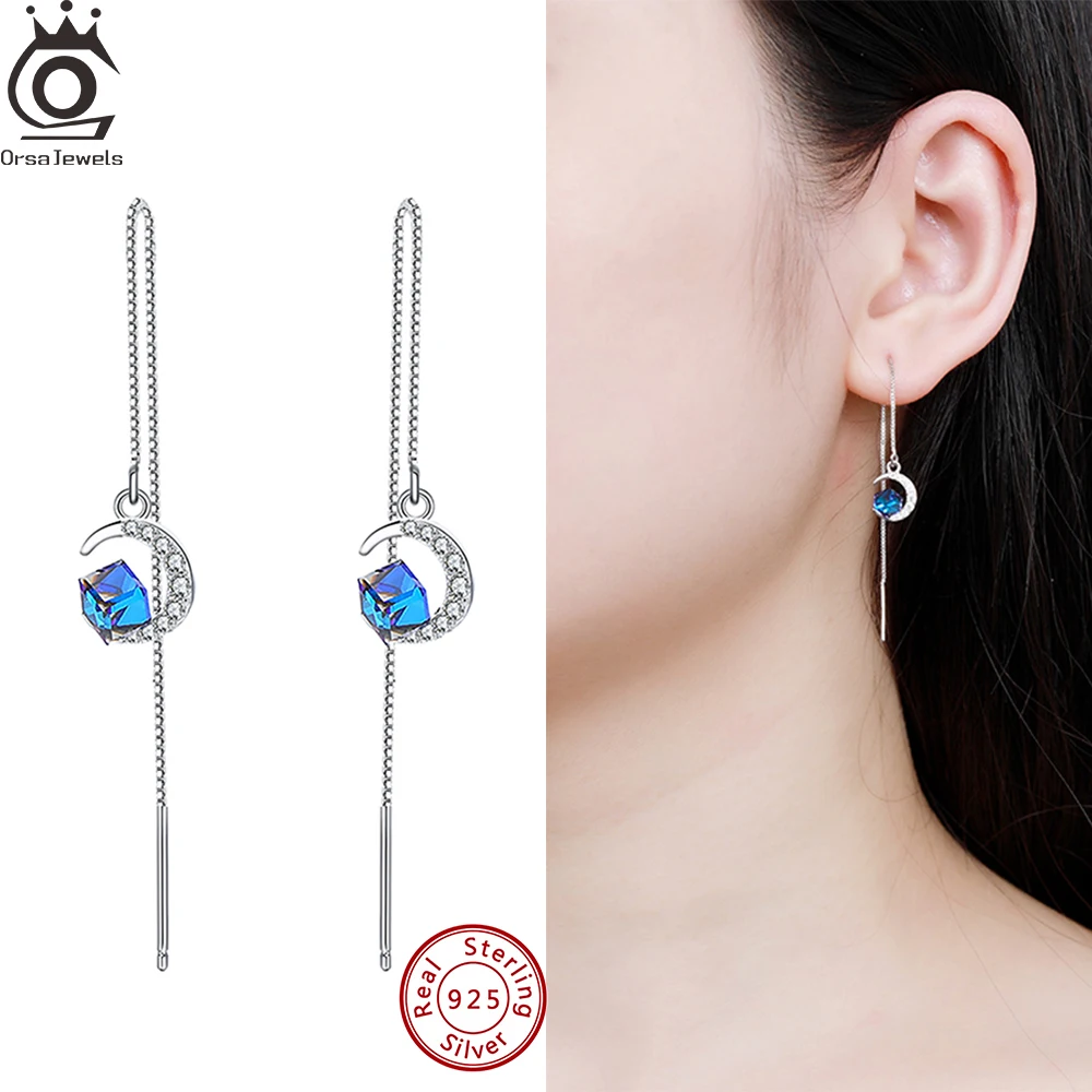 

ORSA JEWELS, модные длинные серьги с кисточками из синего кристалла и циркона, серебро 925 пробы с луной, блестящие прозрачные висячие серьги с фианитом, свадебные украшения SWE10