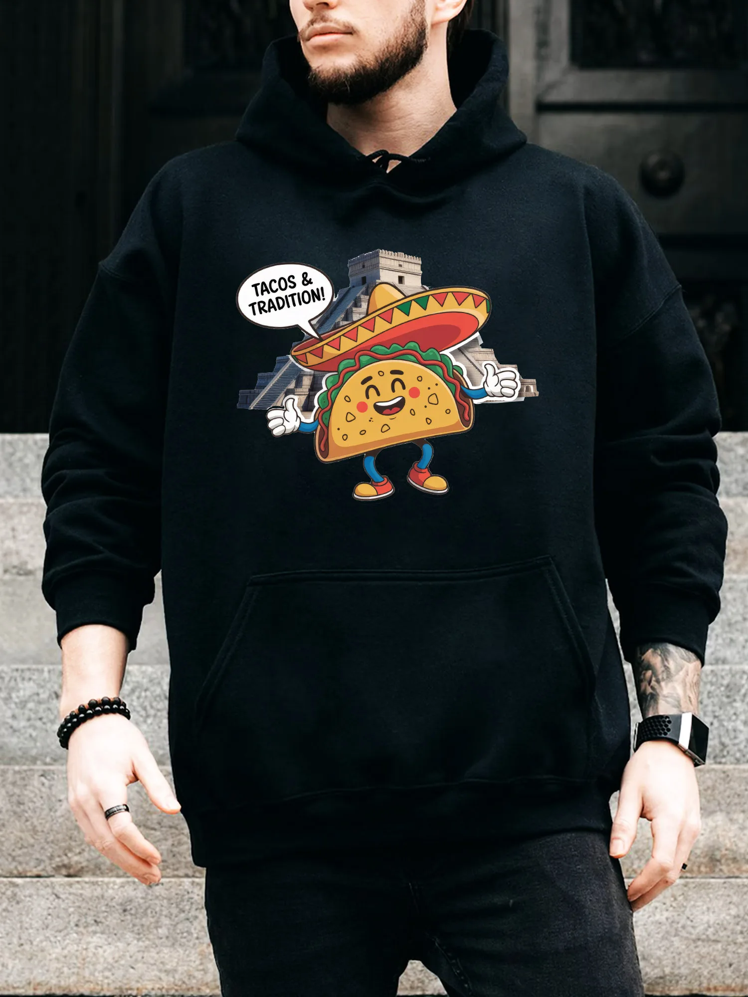 سترة بقلنسوة برباط للرجال من Tacos & Tradition - بلوفر أسود مريح كاجوال، سترة بغطاء للرأس للخريف والشتاء