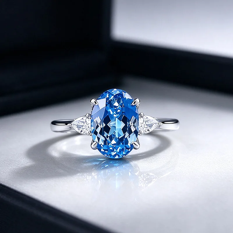 S925 Sterling Silver Ring For Women Oval Cut 7*10mm Lab Created Blue Gemstone Teardrop Side Stones Engagement Fine Jewelry Gift