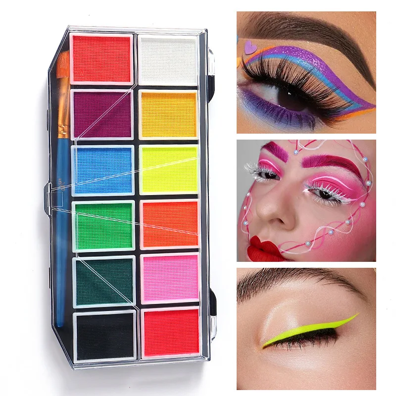 12 Colors Water Based UV Shine Face Body Painting Makeup Palette,Halloween Fluorescent Neon Face Painting Costume Cosplay Makeup