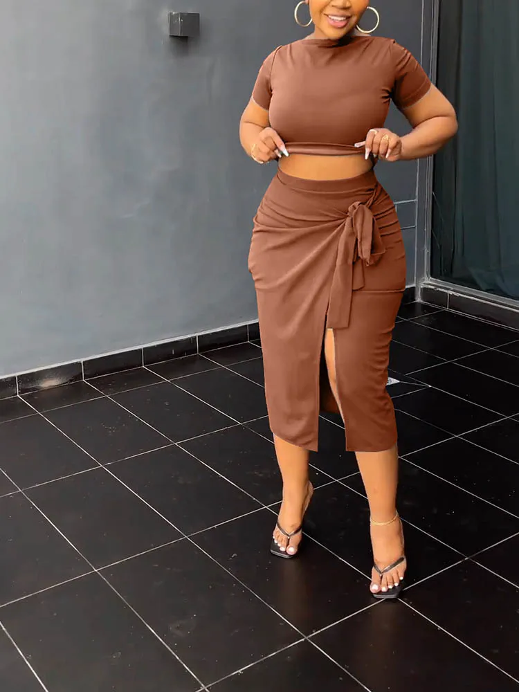 2024 Bodycon Office Lady Outfits Sexy Summer Two Pieces Sets Short Sleeve Crop Top Long Skirt Elegant Women Party Outwear 