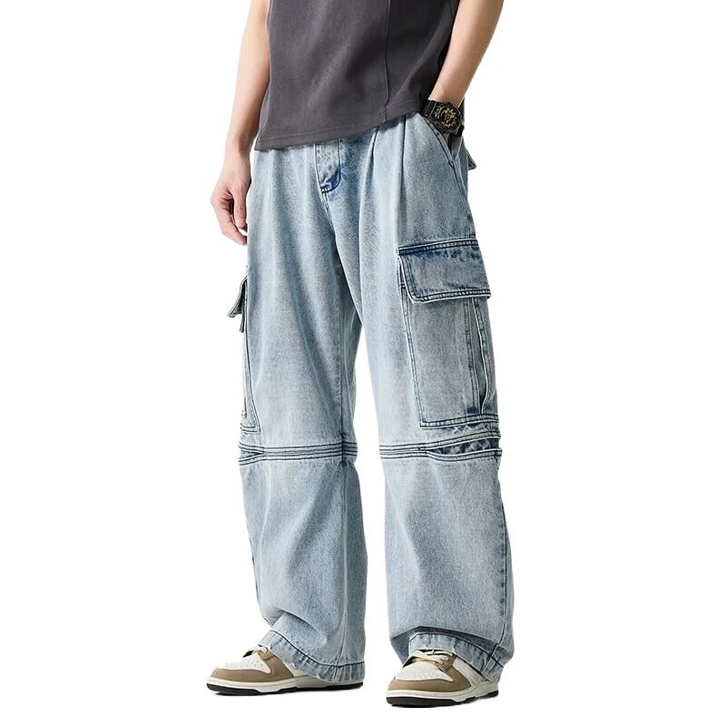 

New American Retro High Street Cargo Jeans Men's Loose Wide-Leg Casual Pants