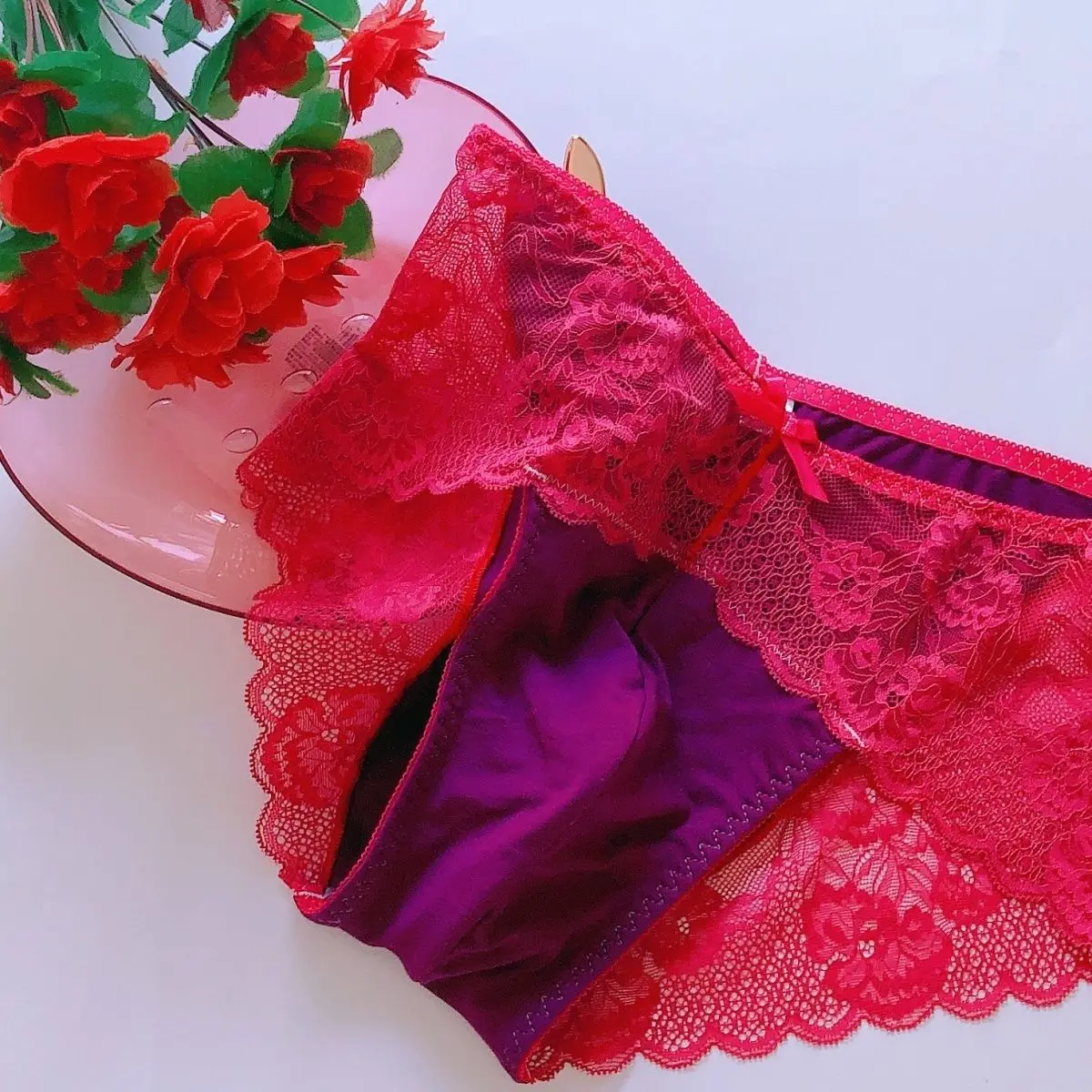 Plus Size See Through Lace Bow Man's Sexy lingerie Cross-dressing Briefs Couple Erotic Underwear Private Party BF Panties Gifts