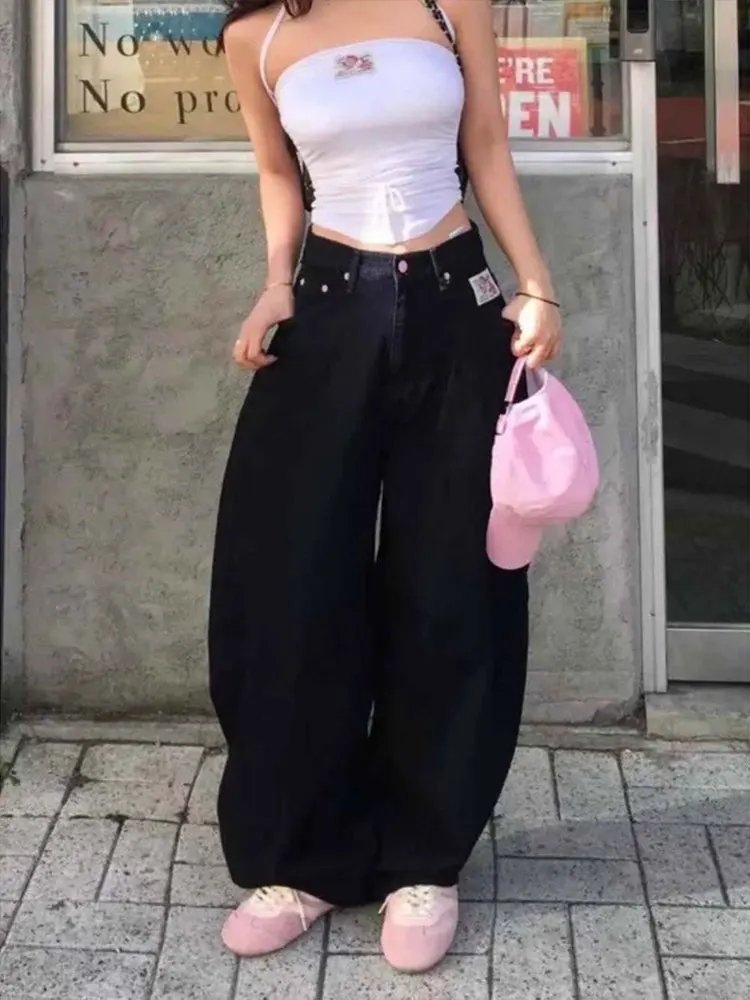 Jeans retrò a gamba larga a vita alta da donna, pantaloni estivi in denim con scritte ricamate e coltello drappeggiato, vestibilità dritta