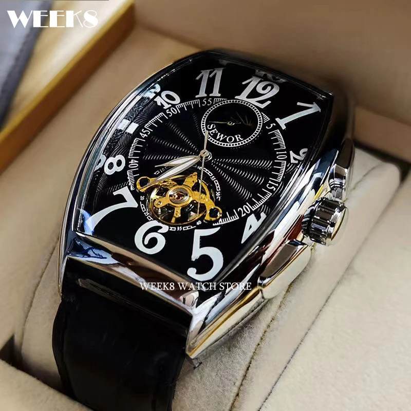 Luxury Automatic Mechanical Watch for Men Wrist Watch Tourbillon Skeleton Wrist Clock Tonneau Case Male Luminous Top Wristwatch