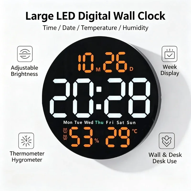 Wall Clock LED Electronic Alarm Clock Adjustable Brightness Thermometer Hygrometer Week Display Home Desk Wall Clock